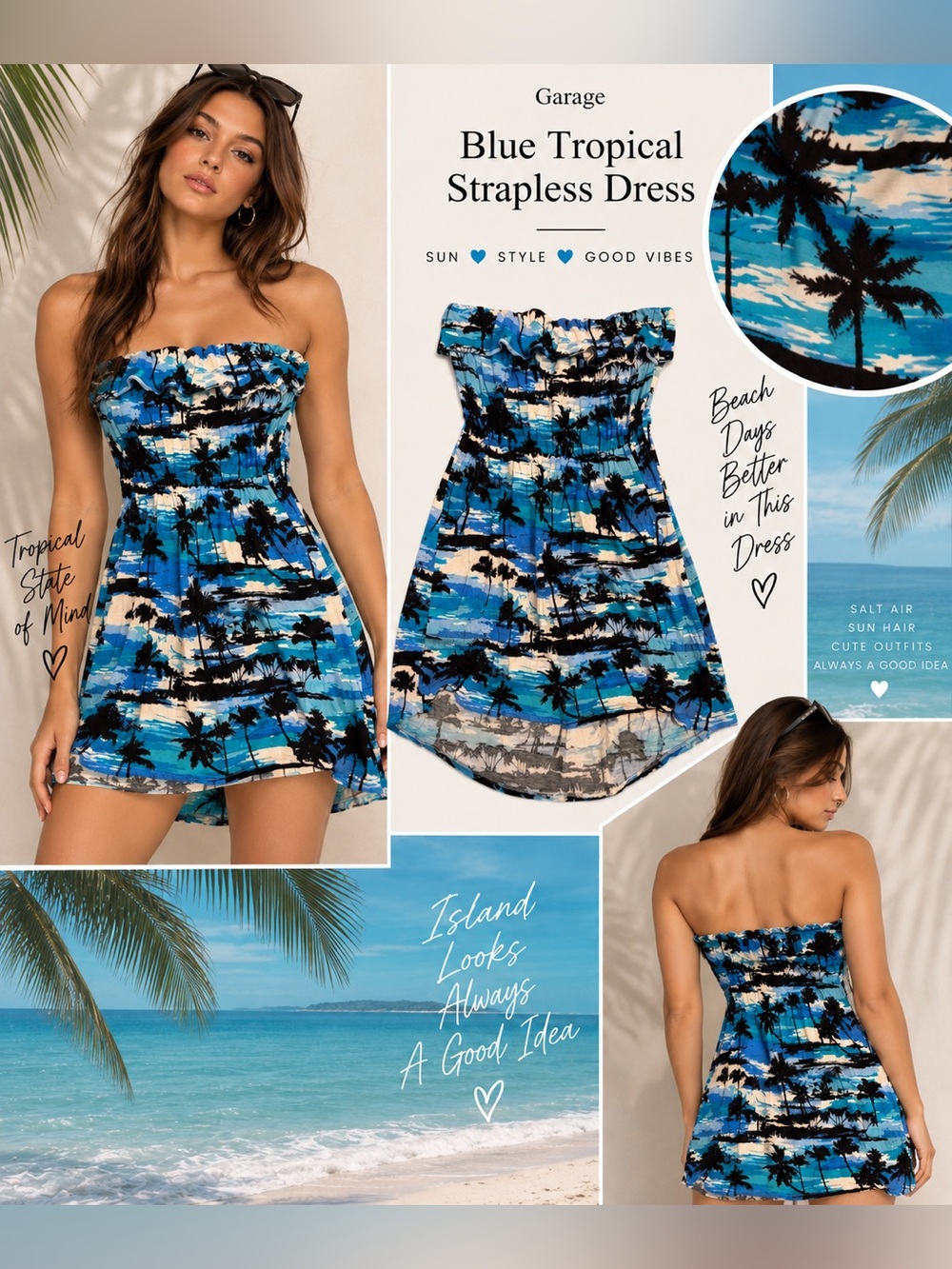 Garage Blue Tropical Strapless Palm-Print Dress